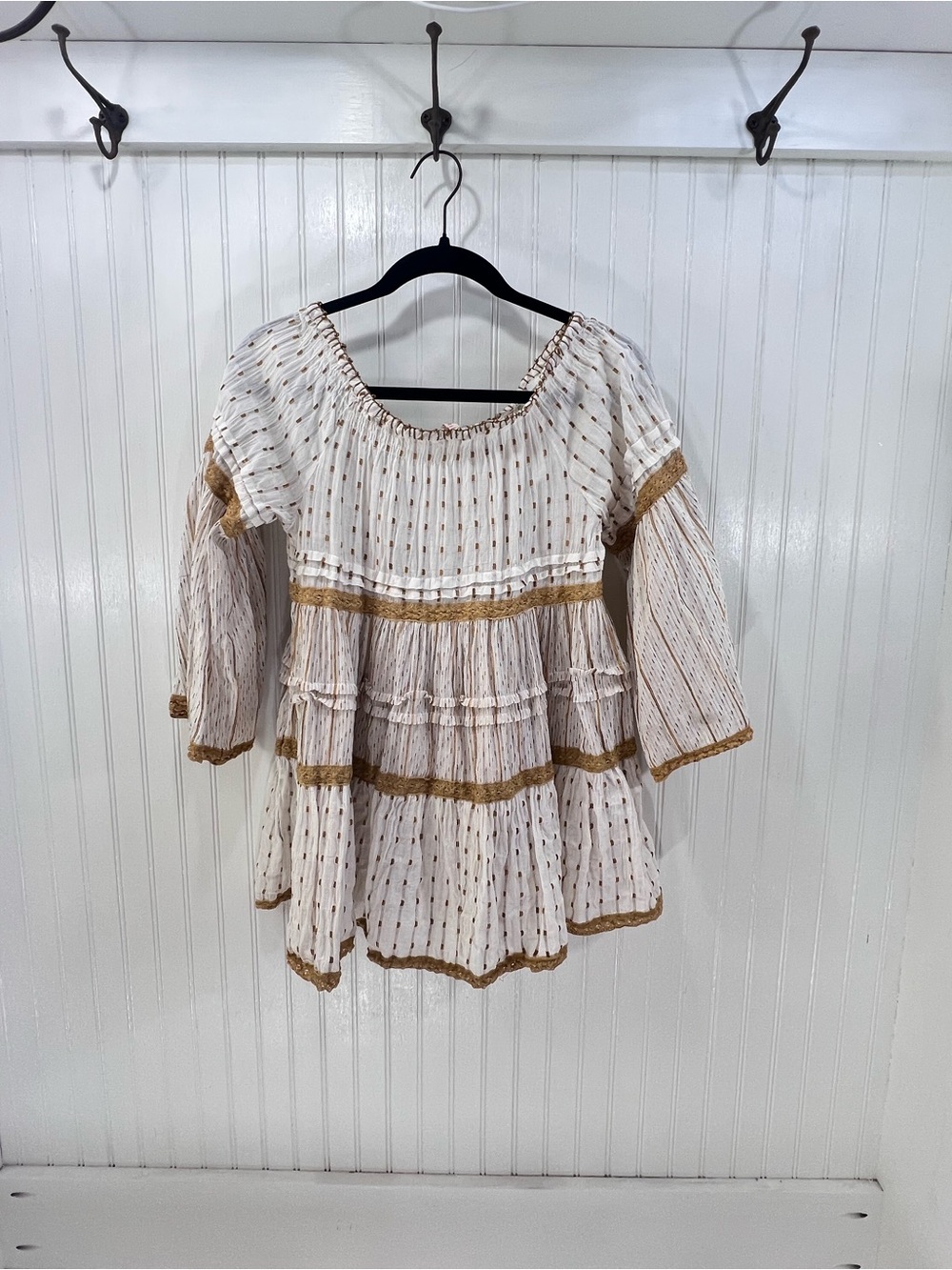 RAGA Cream Cotton Peasant Blouse with Gold Trim and Bell Sleeves Off Shoulder S